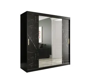 Elegant Black Geneva T1 Mirrored Sliding Door Wardrobe W2000mm H2000mm D620mm - Sleek Design, Gold Handles, Ample Storage