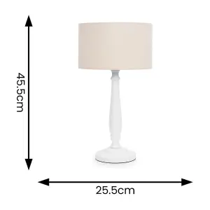 ValueLights Victoria Traditional White Wood Candlestick Table Lamp with Natural Drum Shade