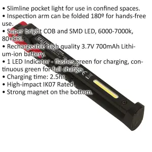 Slim Folding Pocket Light - 2 COB & 1 SMD LED - Rechargeable - Magnetic - Red