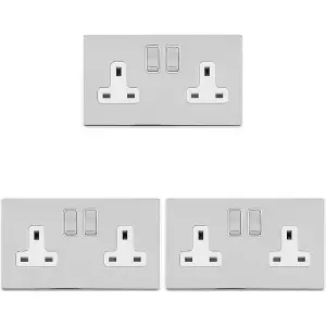 3 PACK 2 Gang DP 13A Switched UK Double Socket SCREWLESS POLISHED CHROME Power