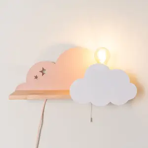 ValueLights Kids Pink and White Dinosaur Design Plug in Wall Light with Shelf and Pull Cord Switch - Including Bulb