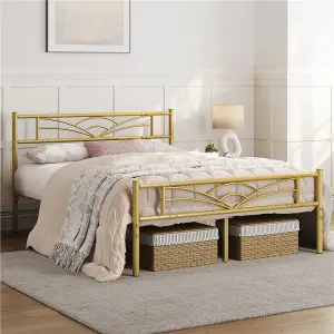 Yaheetech Antique Gold 4ft6 Double Metal Bed Frame with Cloud-inspired Design Headboard and Footboard