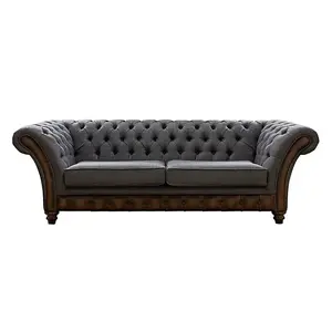 Chesterfield 3 Seater Sofa Antique Brown Leather Marinello Pewter Fabric In Jepson Style