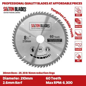 Saxton TCT21060T TCT Circular Saw Blade 210mm x 60 Teeth x 30mm Bore + 16, 20 and 25mm Rings