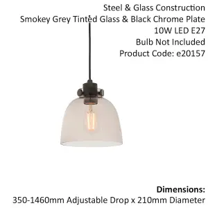 Industrial Ceiling Pendant Light Fitting - Matt Black & Smoked Grey Glass