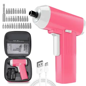 Hi-Spec 34pc 3.6V Pink Compact Electric Power Screwdriver & Bit Set. USB Rechargeable Battery for Cordless Screwdriving