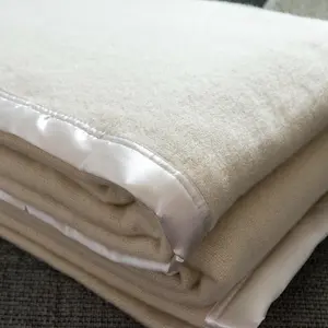 Just So Home Traditional 100% Pure Wool Solid Weave Blanket with Satin Ribbon Trim (Cream, Double)