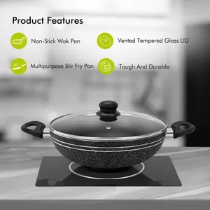 Royalford 26 CM Non-Stick Induction Wok Pan with Glass Lid Deep Cooking Frying Pan Kadai