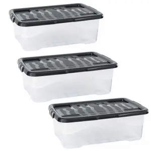 2 x 24 Litre Clear Transparent Base Stackable Curve Plastic Storage Boxes With Black Lids