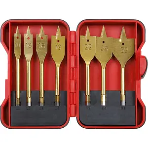 7 Piece Titanium Coated Flat Wood Drill Bit Set with Storage Box - 1/4 Inch Hex Shank