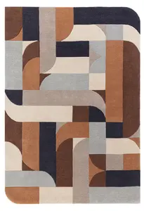 Terracotta Handmade Abstract Geometric Wool 12-14mm Thick Stain-Resistant Rug For Bedroom, & Dining Room-120cm X 170cm