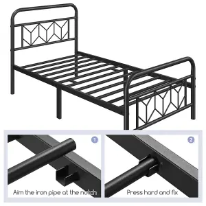 Yaheetech Black 3ft Single Metal Bed Frame with Diamond Pattern Headboard and Footboard