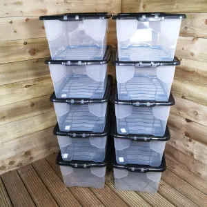 10 x 42L Clear Storage Box with Black Lid, Stackable and Nestable Design Storage Solution