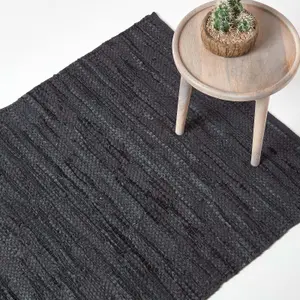 Homescapes Denver Leather Woven Rug Black, 120 x 180 cm