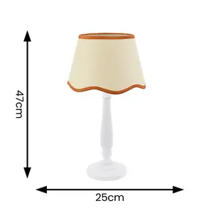 ValueLights Victoria White Wood Candlestick Table Lamp with Linen Scallop Rust Trim Tapered Shade