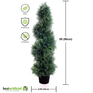 Pair of Best Artificial 3ft - 90cm Green Cedar Spiral Topiary Tree - Suitable for Outdoor Use - Weather & Fade Resistant