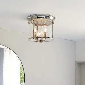 Bright Nickel Semi Flush Low Ceiling Light & Clear Glass Shade 3 Bulb Fitting