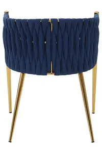 Blue Dining Chair with Woven Back, Dining Room Chair with Braided Pattern, Curved Back Restaurant Chair