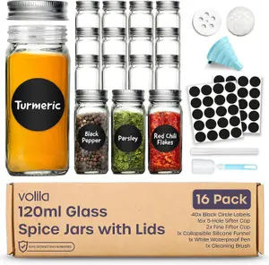 16-Pack Glass Spice Jars with Lids & Labels - 120ml Square Seasoning Containers with Stickers, Funnel, Pen & Cleaning Sponge