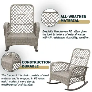 Patio Rattan Rocking Chair, Relaxer Wicker Rocker Armchair with Soft Cushion, All-Weather Steel Frame - Gray