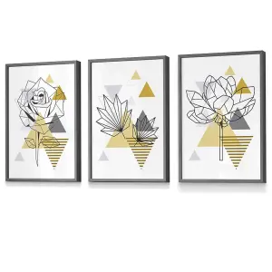 Set of 3 Framed Yellow and Grey Geometric Flowers Wall Art Prints / 30x42cm (A3) / Dark Grey Frame