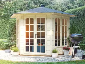 Dunster House Summer House Vantage 300 3m x 2.5m Garden Room Kit Toughened Glass and Roof Shingles Hexagonal