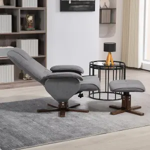 HOMCOM Swivel Recliner Chair and Footstool Linen-touch Fabric Wooden Base, Grey