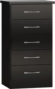 Nevada 5 Drawer Narrow Chest in Black Gloss Finish