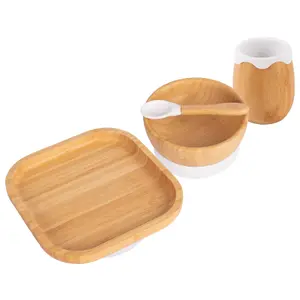 Tiny Dining - Square Bamboo Suction Baby Feeding Set - White - 4pc