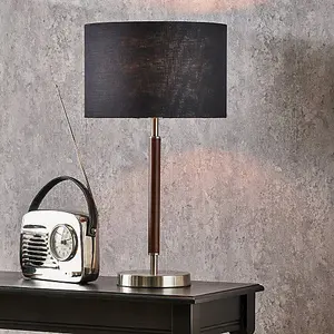 Silver and Wood Effect Table Lamp with Black Shade