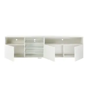 White TV Stand Cabinet 200cm with LED Lights, Storage Shelves SoundBar Shelf 55cm Tall