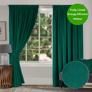 Home Curtains Montreal Super Soft Velour Fully Lined 90w x 84d" (229x213cm) Bottle Green 3" Pencil pleat Curtains (PAIR)