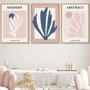 Set of 3 Matisse Style Floral Cut Out Navy & Pink Wall Art Prints / 42x59cm (A2) / Oak Frame