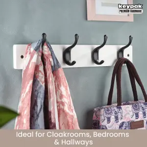 keypak 4 Matte Black Coat Hooks on White Wooden Board - 46cm Modern Wall Mounted Coat Rack Clothes Hanger