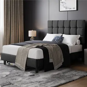 Size Modern Upholstered Bed Frame with Square Tufted Headboard Dark Grey / Double (4'6)