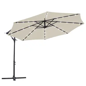 SunDaze 3M Cream Garden Cantilever Banana Parasol with Solar LED Lights Outdoor Patio Umbrella