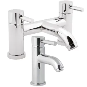 Deva VISION Mono Basin Mixer Tap With Press Top Waste + Bath Filler Pillar Set In Chrome - Large SINGLE LEVER Handles