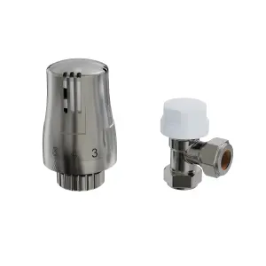 Right Radiators Satin Nickel Thermostatic Angled TRV & Lockshield Radiator Valves Set 1/2"x15mm