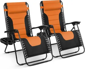 KEPLIN Set of 2 Orange Heavy Duty Textoline Zero Gravity Chairs for Garden Light Reclining Patio Sun Loungers