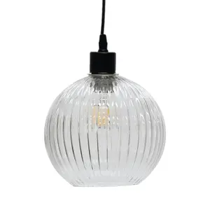 First Choice Lighting Betchley Clear Ribbed Glass Globe with Black Pendant Fitting