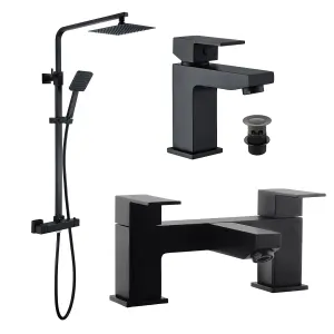 Square Black Thermostatic Overhead Shower Kit & Form Basin & Bath Filler Tap Pack