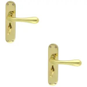 2 PACK - Rounded Flaired Bathroom Latch Door Handle - Polished Brass Lever on Backplate