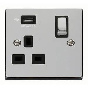 Polished Chrome 1 Gang 13A DP Ingot 1 USB Switched Plug Socket - Black Trim - SE Home