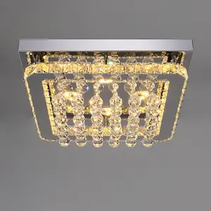 Modern Square Fancy Chrome Crystal LED Flush Mount Ceiling Light Fixture Chandelier 40cm, Dimmable