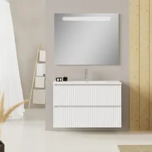 Banyetti Linea Matt White Ribbed Double Drawer Wall Hung Vanity Unit 1000mm x 390mm