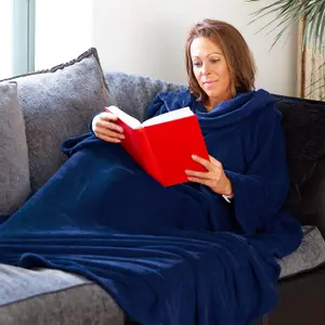 Navy Snug Rug Deluxe Blanket With Sleeves Luxury Cosy Super Soft Coral Fleece Fabric Long Oversized Pouch Pocket Adults