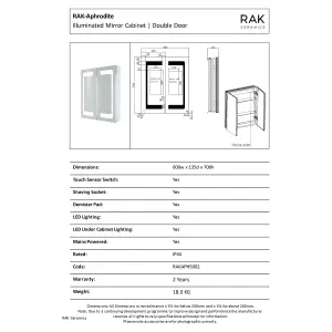 RAK Aphrodite 600x700mm Silvery White Square with Touch Sensor Illuminated Mirror Cabinet IP44