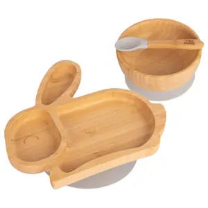 Tiny Dining - Children's Bamboo Suction Rabbit Dinner Set - Grey