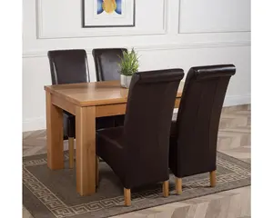 Dakota 127 x 82 cm Chunky Oak Small Dining Table and 4 Chairs Dining Set with Montana Brown Leather Chairs