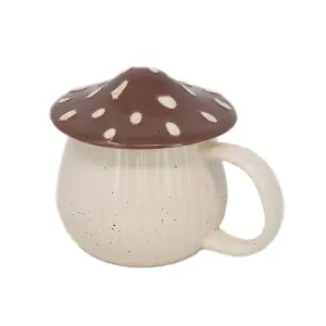 Stoneware Mug Mushroom Lid Novelty Cup Unique Decorative Drinkware Brown 400ml